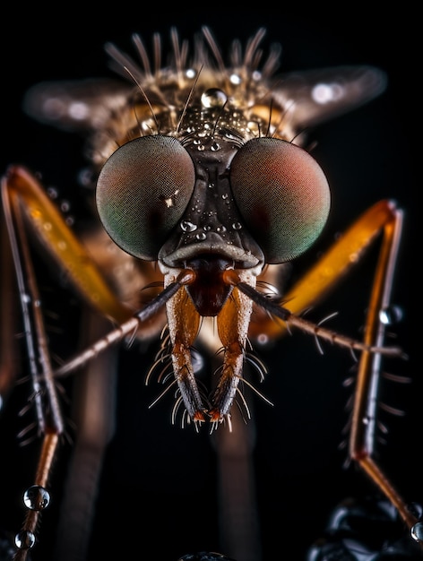 A close up of a mosquito's eyes and a black background