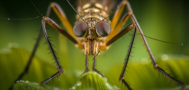 A close up of a mosquito's face with a green background