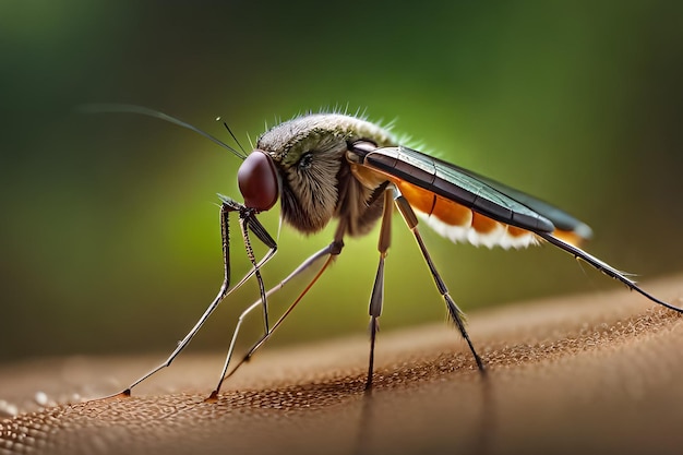 A close up of a mosquito with a green background