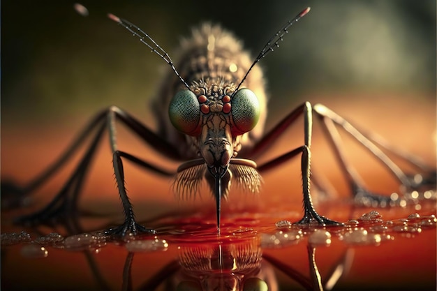 A close up of a mosquito with a red background