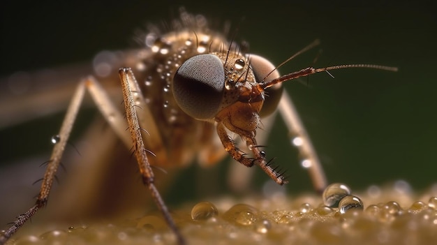 A close up of a mosquito with water droplets on it