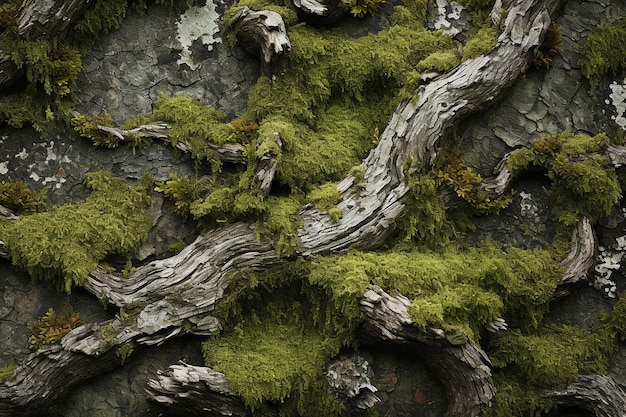 Close up of moss covered oak tree bark