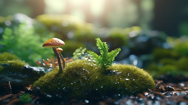 A close up of mossy mossy plants with a small mushroom on top.