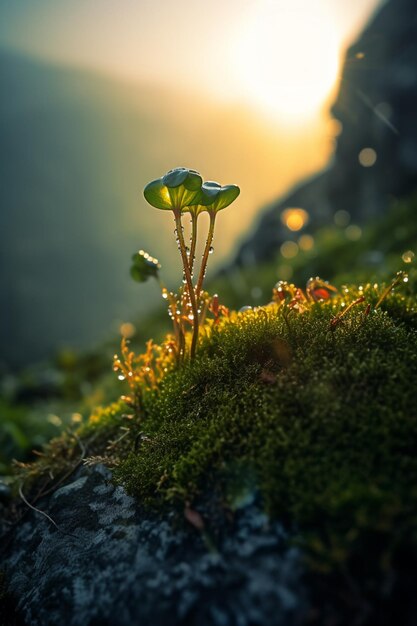 Foto un primo piano di una roccia muschiosa con il sole che splende su di essa