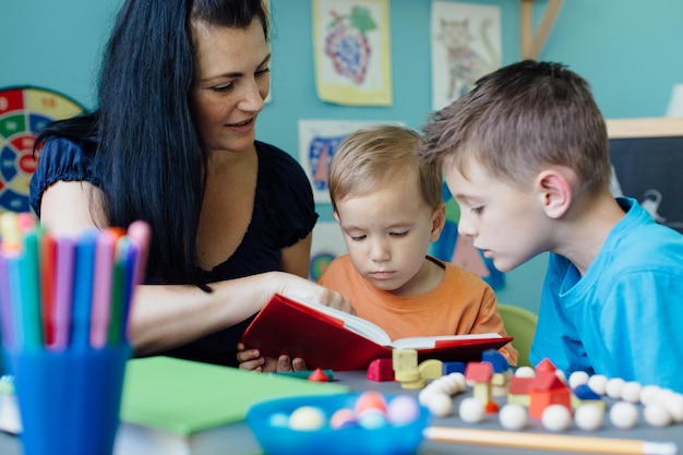 Close-up of mother reading to children