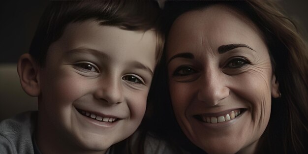 close up mother and son smile sitting on sofa