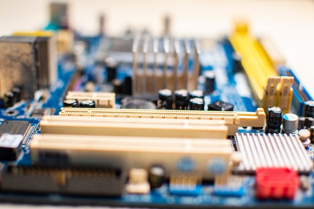 Close up of a motherboard, details of a computer motherboard, detail of a motherboard socket