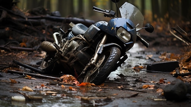 Close up of motorcycle accident on road with damaged bike and emergency response personnel