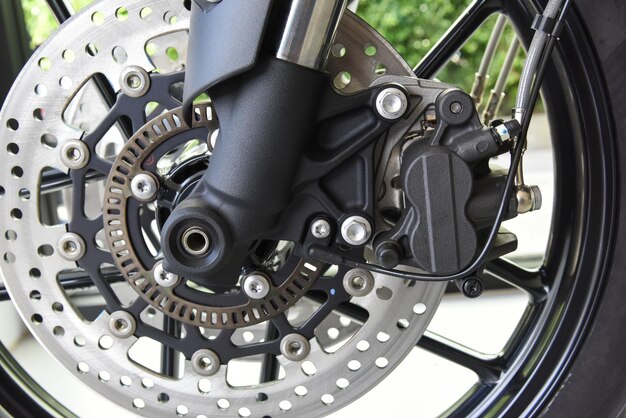 Close up of Motorcycle disk brake with ABS system