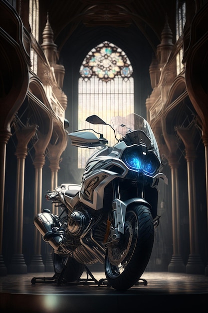 A close up of motorcycle parked in church with stained glass window generative ai