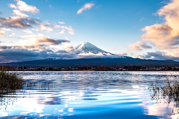 河口湖側から富士山をクローズアップ、湖から富士山を眺める