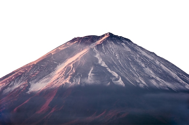 雪に覆われ、日光が当たる富士山のクローズアップ