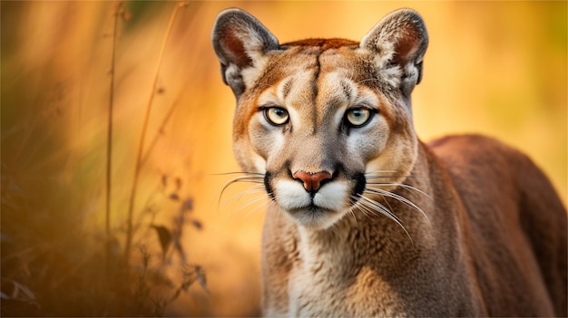 A close up of a mountain lion with a yellow background