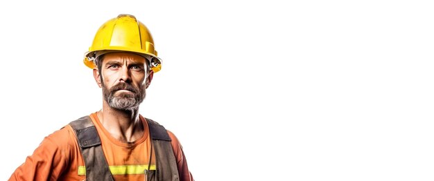 Close up of mountain worker male miner in uniform with tool stern angry white background isolate