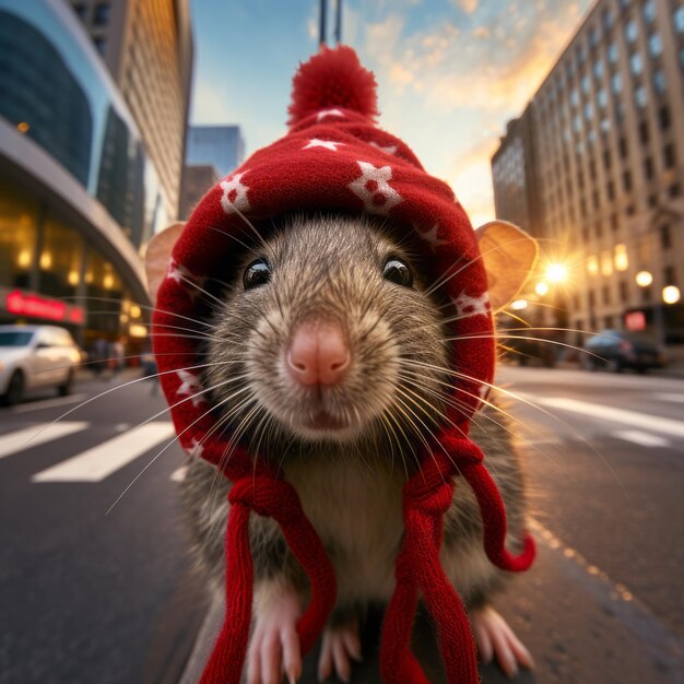 Close up of mouse in red hat in the middle of the road