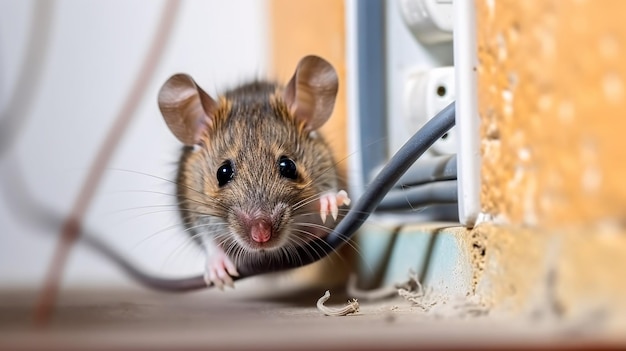 Close up mouse sits near chewed wire in an apartment kitchen