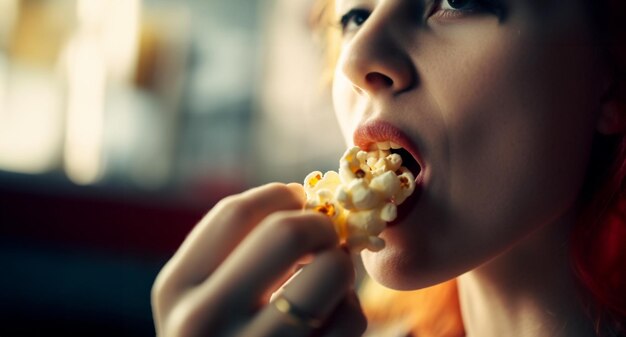 Photo close up mouth eating delicious popcorn young person eating popcorn tasty snack fast food unhealthy