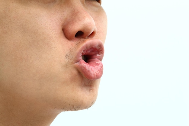 Close up mouth lips shape for pronunciation isolated on white background