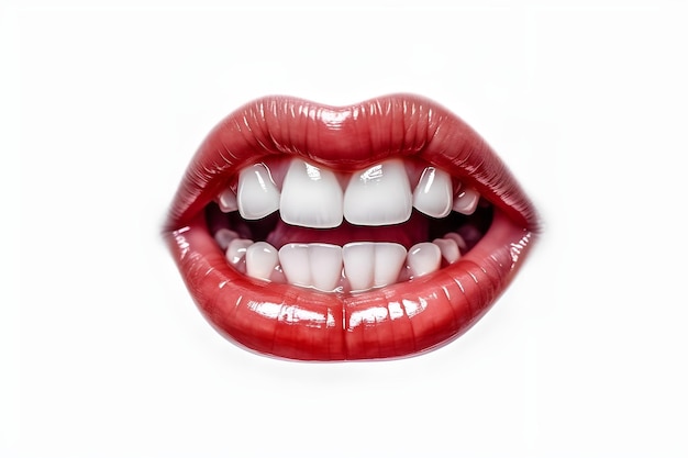 A close up of a mouth with red lips and white teeth.