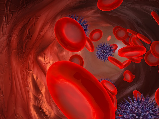 A close-up of the movement of blood cells and viruses in the artery. 3d rendering.