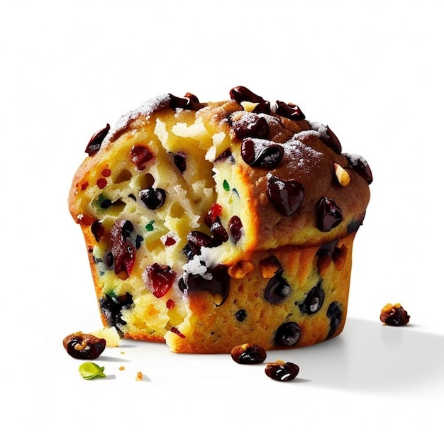 a close up of a muffin with raisins on a white background with a bite taken out of it