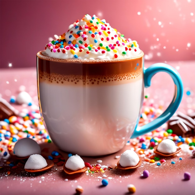 A Close Up Of A Mug Of Hot Cocoa With Whipped Cream And Sprinkles On Top HD UHD 4k Fine Line