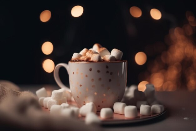 Photo close up mug of hot drink with marshmallow snowman on blurred background