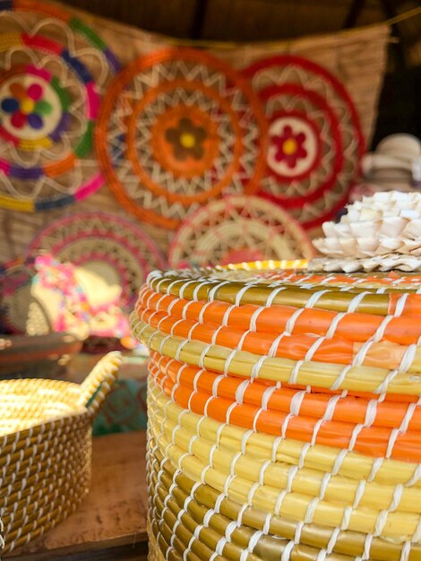 Photo close-up of multi colored basket on table