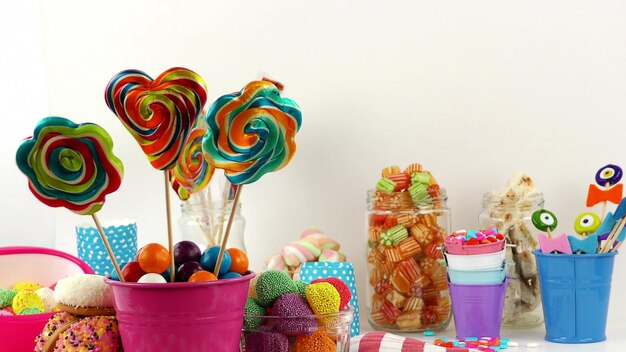 Close-up of multi colored candies on table