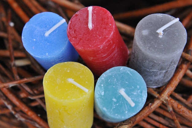 close-up of multi colored candles