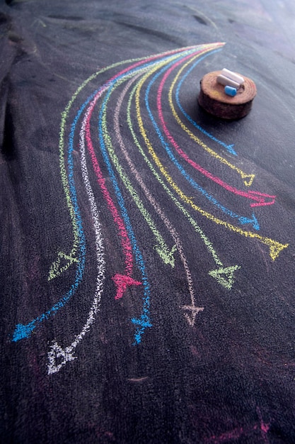 Photo close-up of multi colored chalk drawing on blackboard