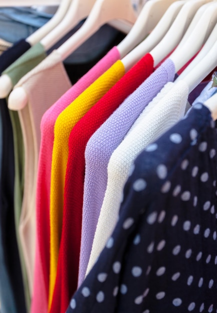 Close-up of multi colored clothing in store