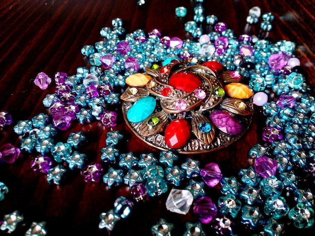 Photo close-up of multi colored decorations and ornament on table