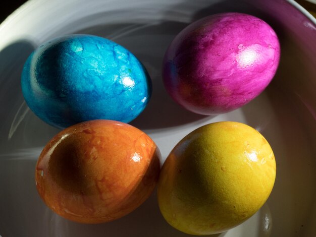 Photo close-up of multi colored eggs in container