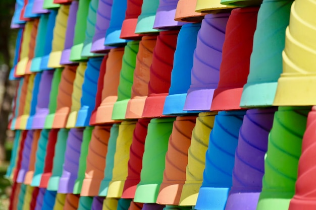 Close-up of multi colored flower pots