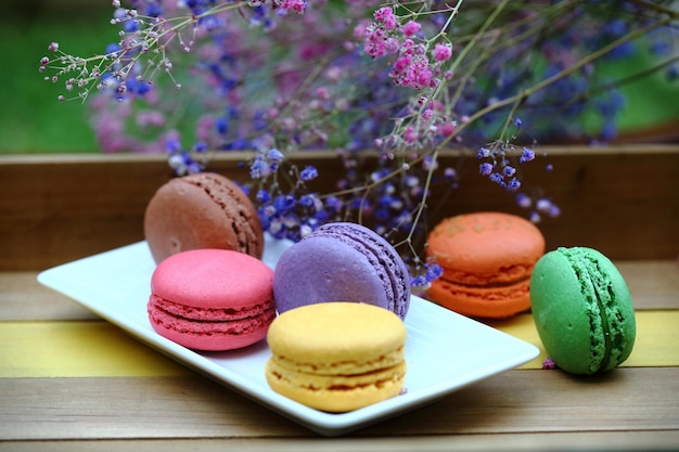 Close-up of multi colored macaroons on table