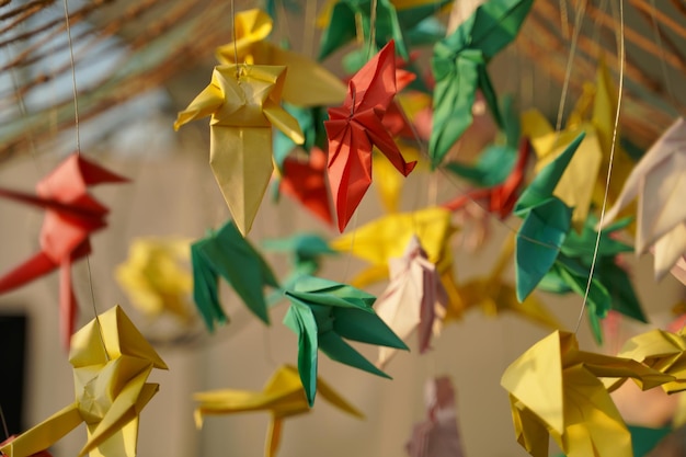 close-up of multi colored paper flowers