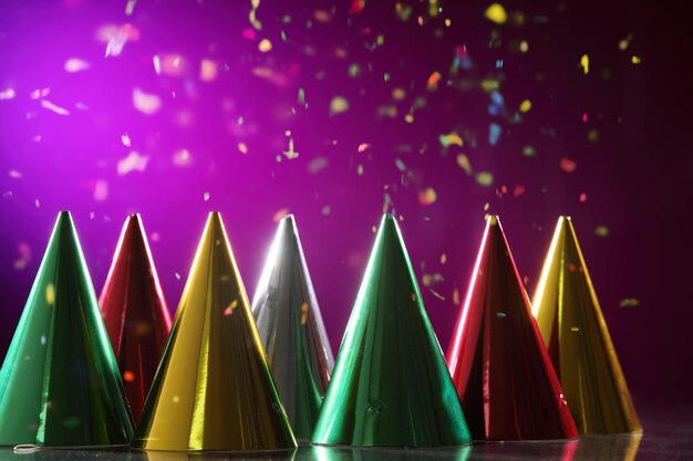 Photo close-up of multi colored party hats on table against purple background