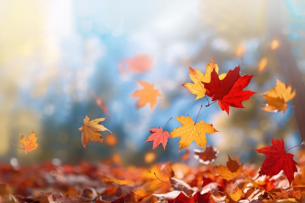 鮮やかな秋の公園の背景に焦点が合っていない、地面に落ちる色とりどりのカエデの葉のクローズアップコピースペース付きの生成AIイラスト