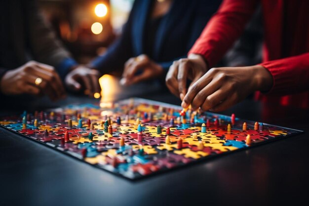 Close up of multiethnic team solving blank puzzle game