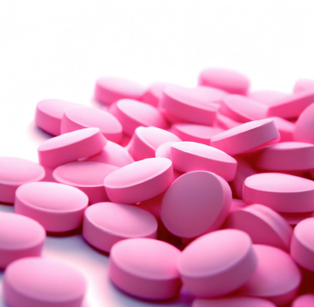 白い背景の上の複数の丸いピンクの錠剤のクローズ アップ