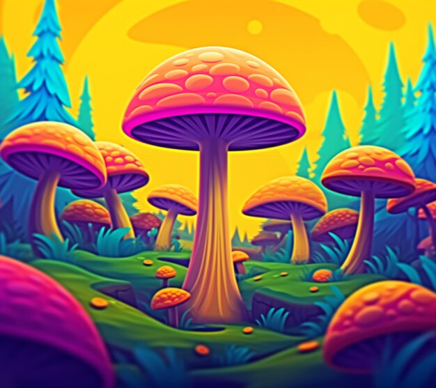 A close up of a mushroom field with trees and grass generative ai