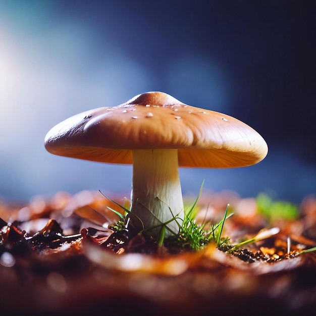 Крупным планом гриб в лесу, созданный с помощью генеративной технологии искусственного интеллекта