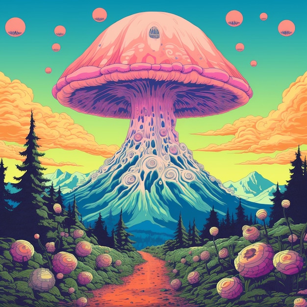 a close up of a mushroom on a hill with trees and mountains in the background generative ai