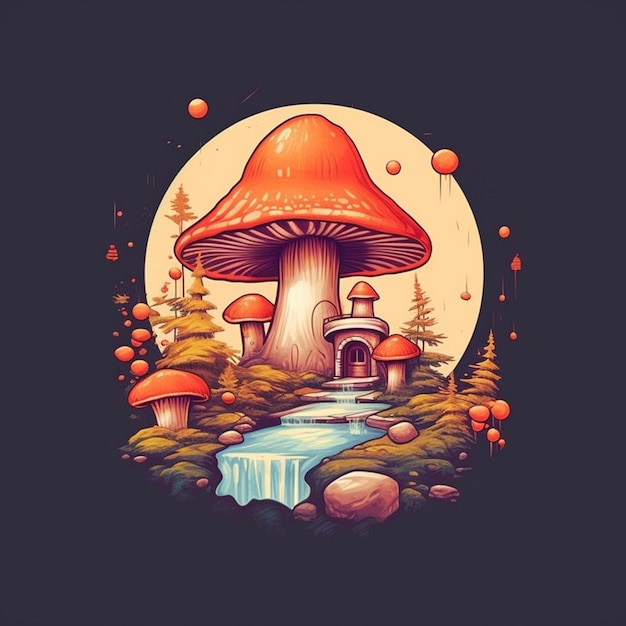 a close up of a mushroom house with a stream in front of it generative ai