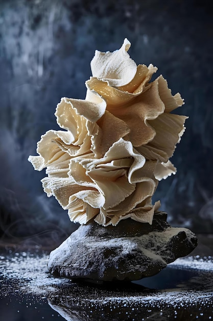 a close up of a mushroom on a rock