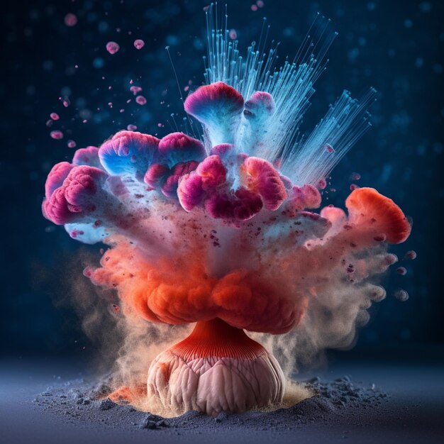 Photo a close up of a mushroom with a bunch of pink and blue smoke. generative ai.