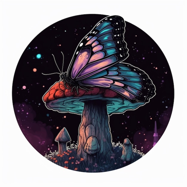 A close up of a mushroom with a butterfly on it generative ai