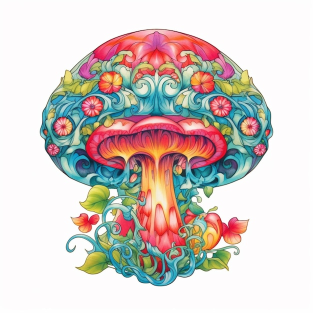 a close up of a mushroom with a lot of flowers on it generative ai