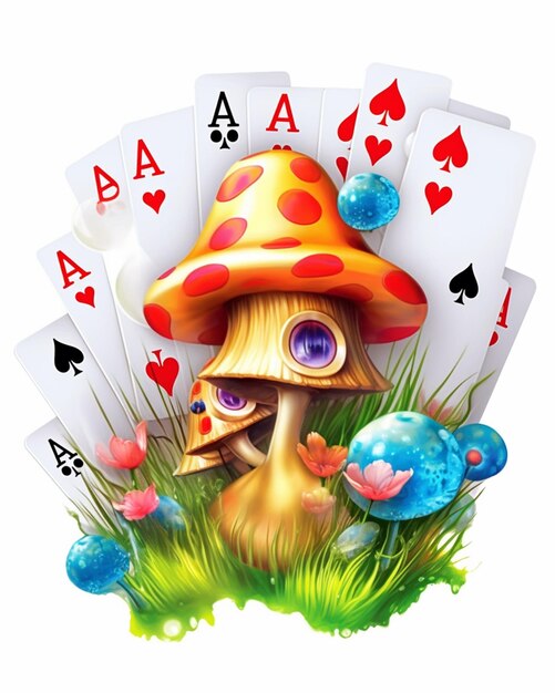 a close up of a mushroom with a mushroom house and playing cards generative ai